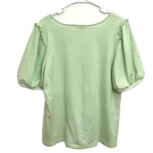 Talbots Plus Top Women’s 1X Green V Scoop Ruffle Shoulder Cotton Blend Textured - Picture 3 of 5